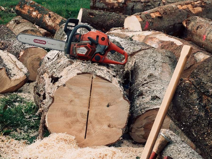 Tronçonneuse posée sur des billes de bois après le rognage d’une souche